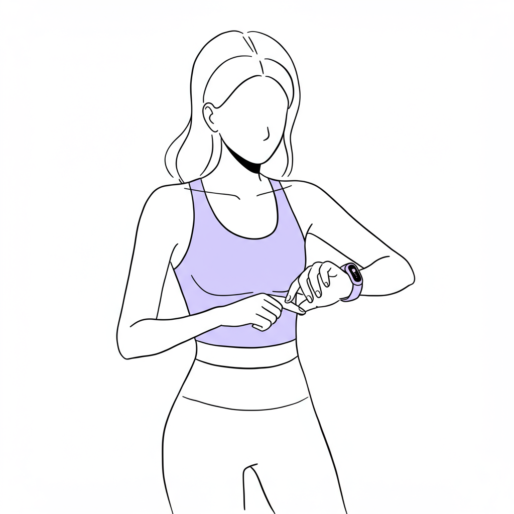 Modern line art: Female entrepreneur glancing at pastel purple fitness tracker while confidently striding forward | Femmeprenista