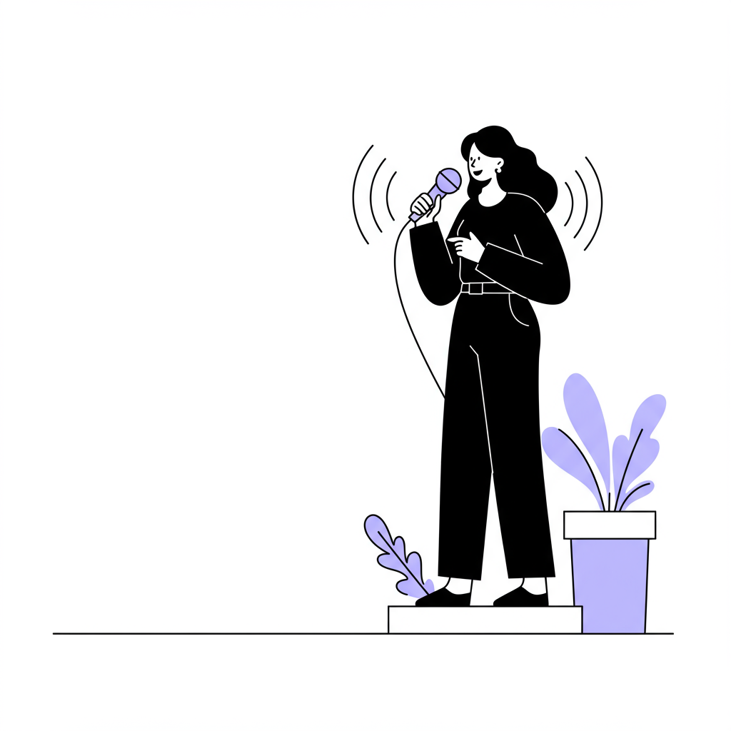 Chic line art: Confident female entrepreneur owning her voice on stage, microphone highlighted in pastel purple | Femmeprenista