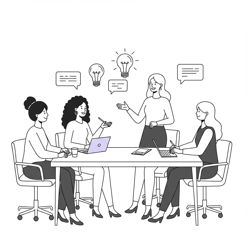 Modern line art: diverse female entrepreneurs engaged in supportive discussion; pastel purple on lightbulb icon highlighting ideas | Femmeprenista