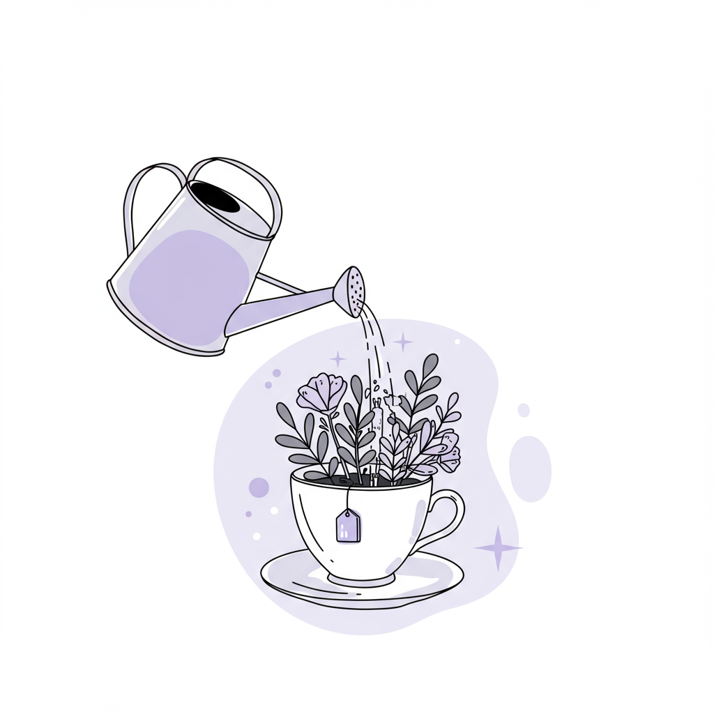 Chic black and white line art: Watering can with pastel purple accent nourishes flourishing plants in teacup | Femmeprenista