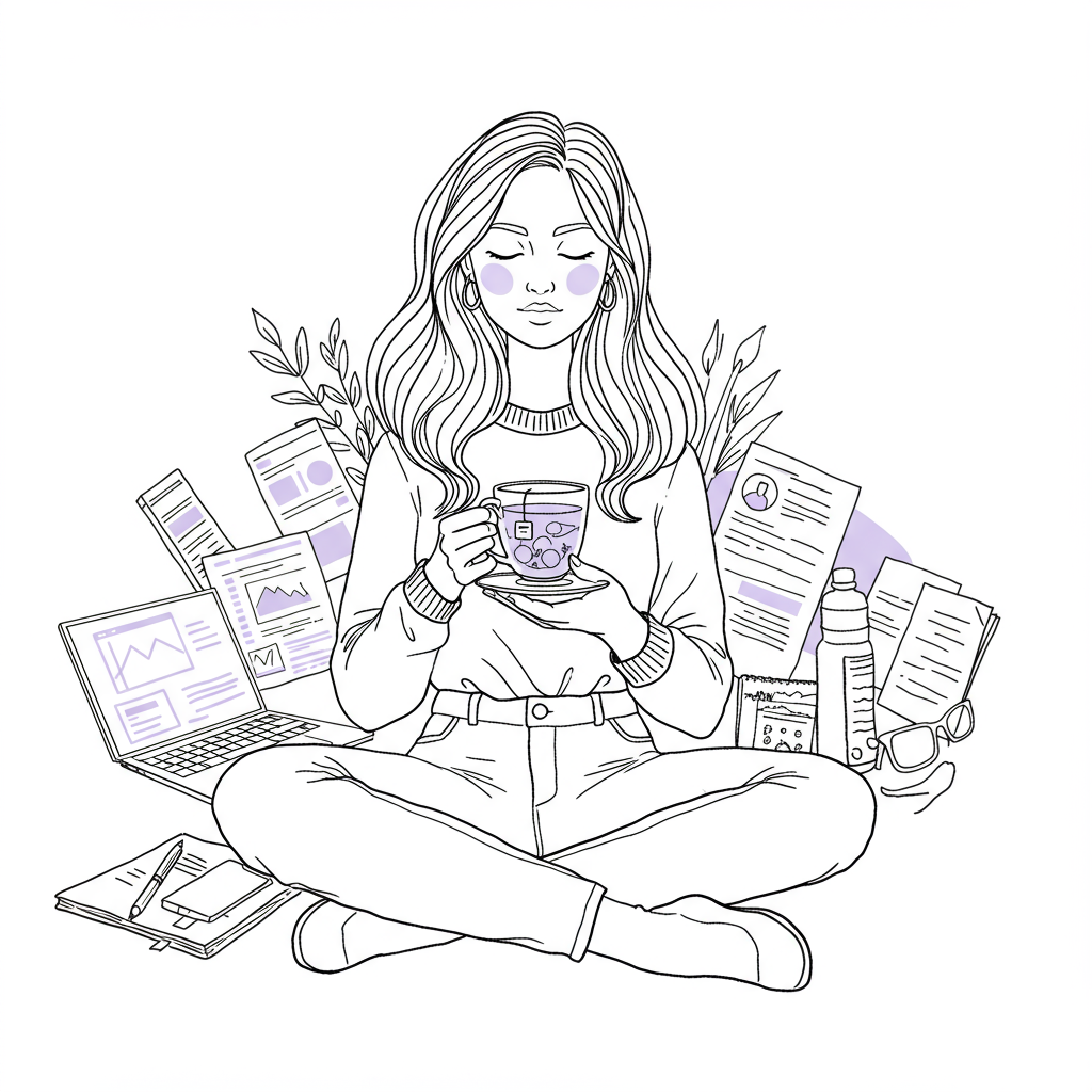 Modern black and white line art: female entrepreneur practices self-care with tea; pastel purple accents convey calm | Femmeprenista
