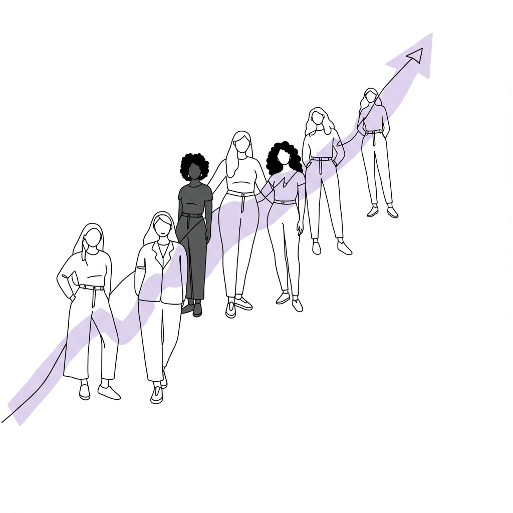 Modern black and white line art: Diverse women entrepreneurs linked in a supportive network; purple arrow symbolizes growth | Femmeprenista