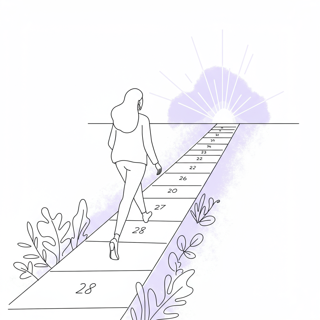 Elegant line art: woman entrepreneur on a 28-step path to success; pastel purple radiating symbol represents unshakeable self-confidence | Femmeprenista