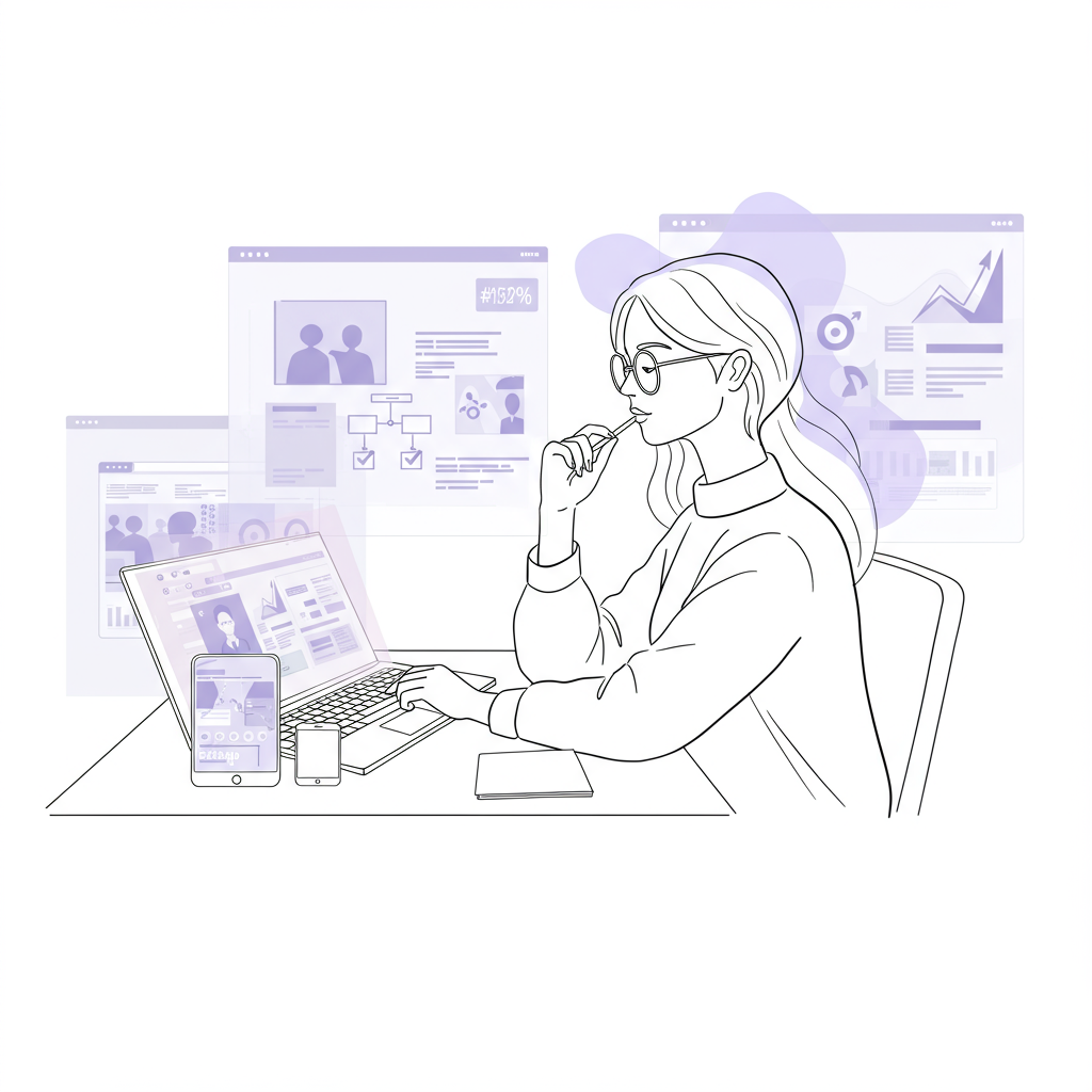 Modern line art: Stylish freelancer surrounded by glowing devices, pastel purple swirl symbolizing clarity | Femmeprenista