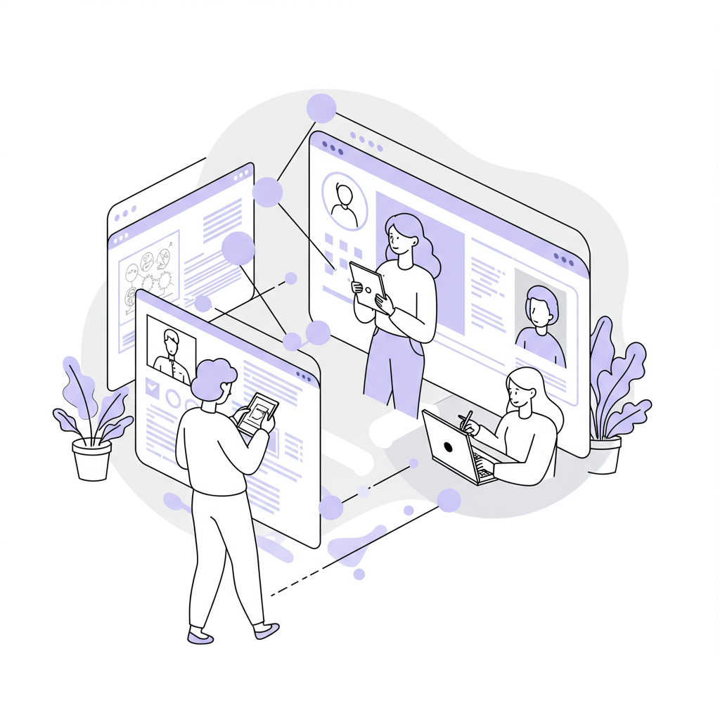 Chic black and white line art: Three diverse female freelancers collaborating remotely via digital interfaces; pastel purple highlights streamlined workflow | Femmeprenista