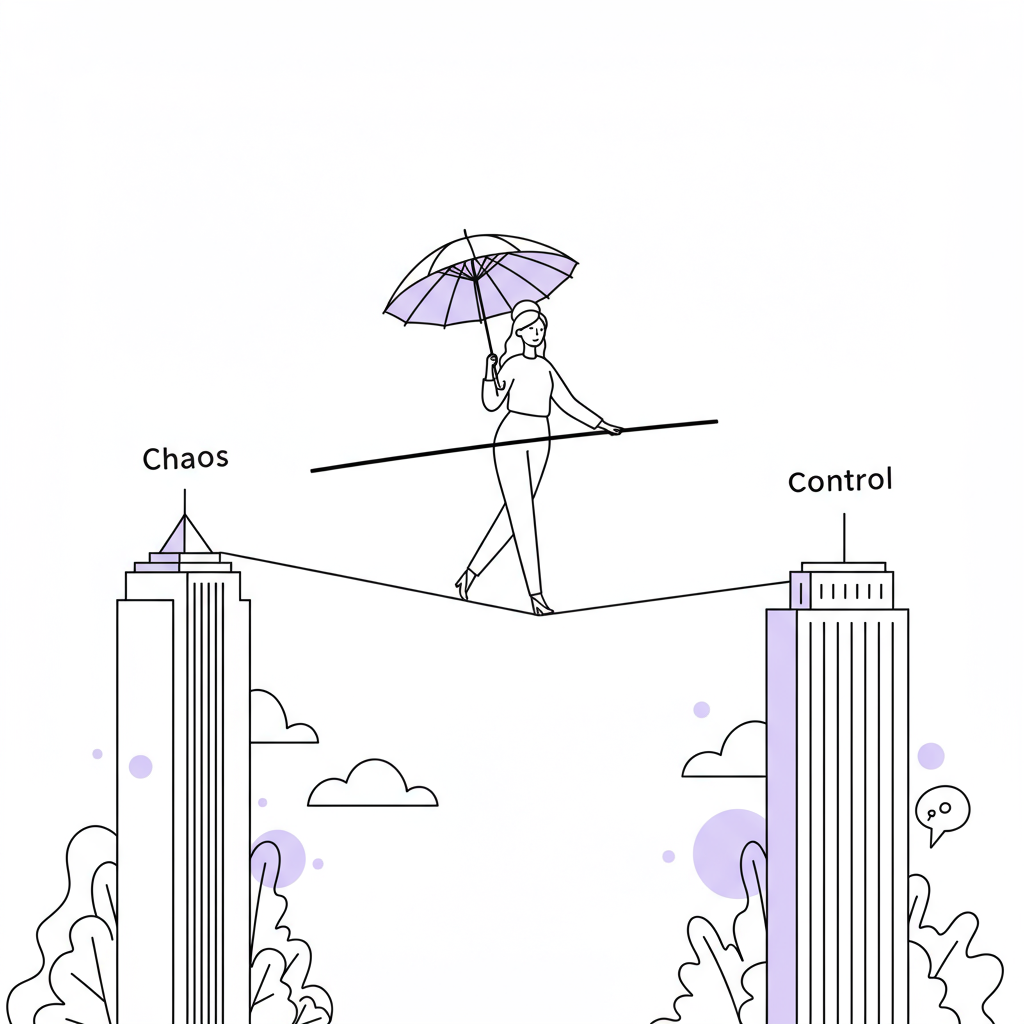 Chic black and white line art: A woman balances on a tightrope between "Chaos" and "Control," pastel purple parasol highlight | Femmeprenista