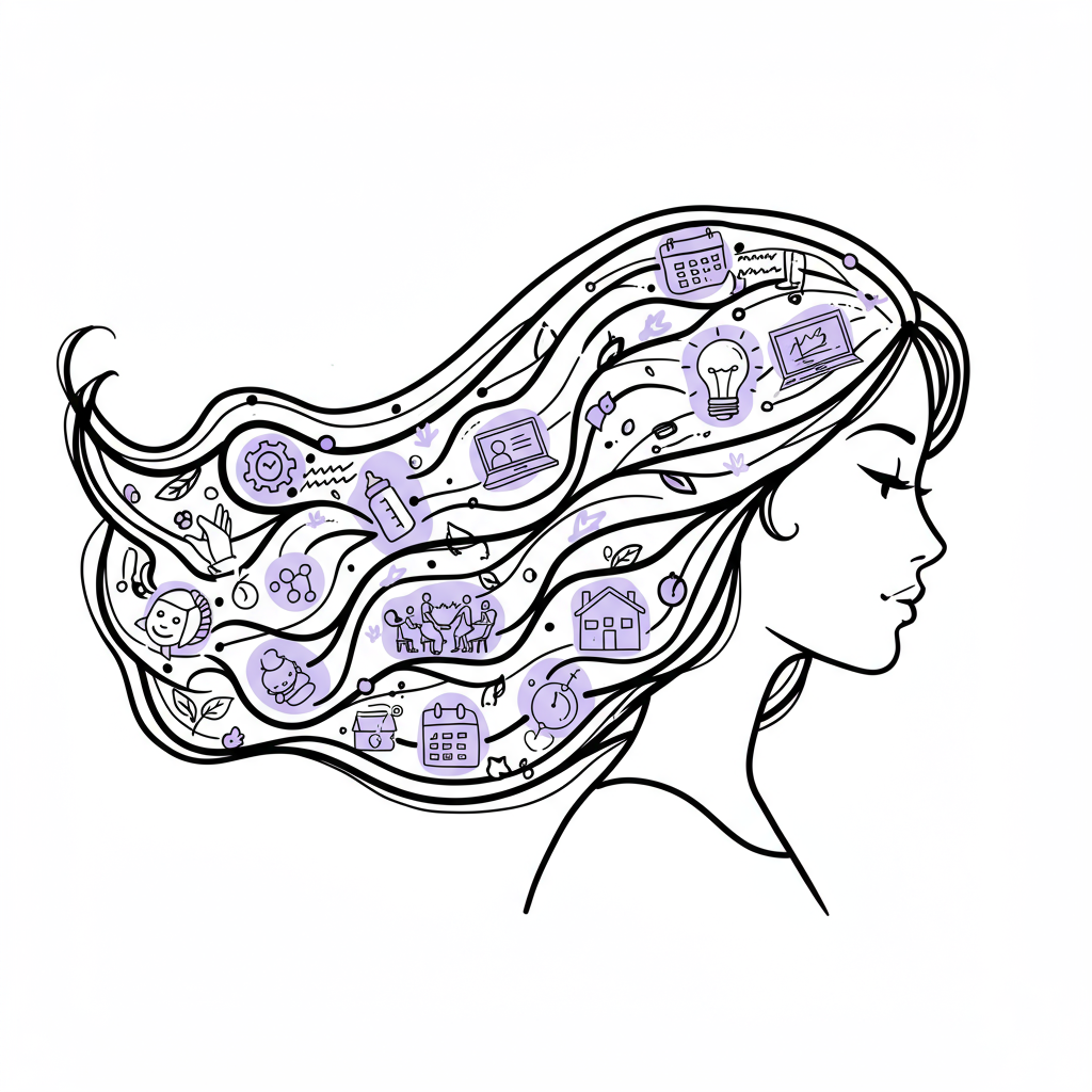 Chic line art: Stylized mum with life icons in her hair, pastel purple lightbulb, showing balanced leadership | Femmeprenista