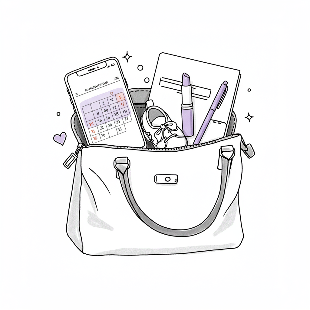 Modern line art: handbag overflowing with mumpreneur essentials, smartphone with purple calendar app highlight; organized chaos | Femmeprenista