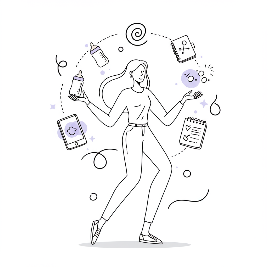 Line art: Mumpreneur balancing power pockets—baby bottle, phone, notebook—accented with pastel purple highlights | Femmeprenista
