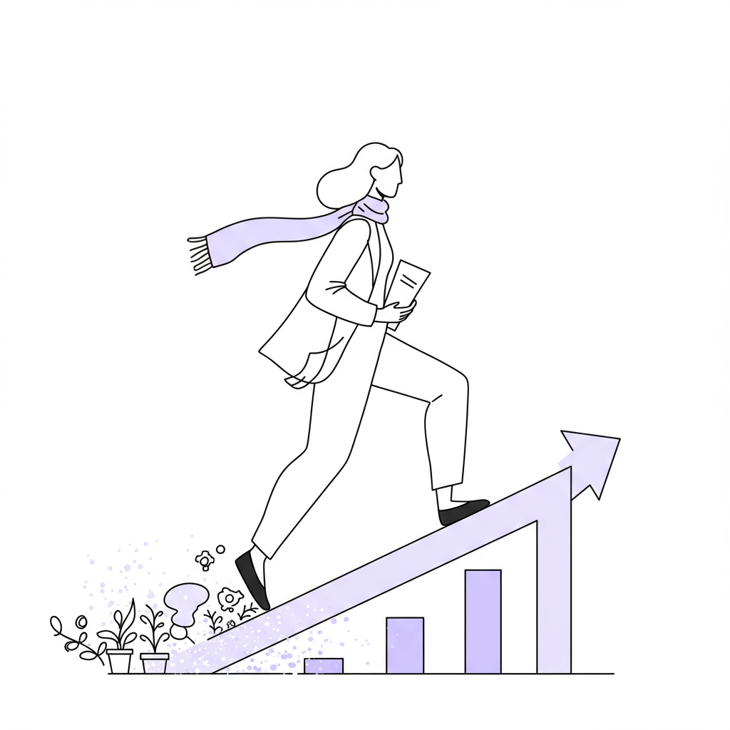 Chic line art: woman confidently steps from "sticky floor" to upward path, pastel purple scarf detail; reflecting freedom from middle management to entrepreneurship | Femmeprenista