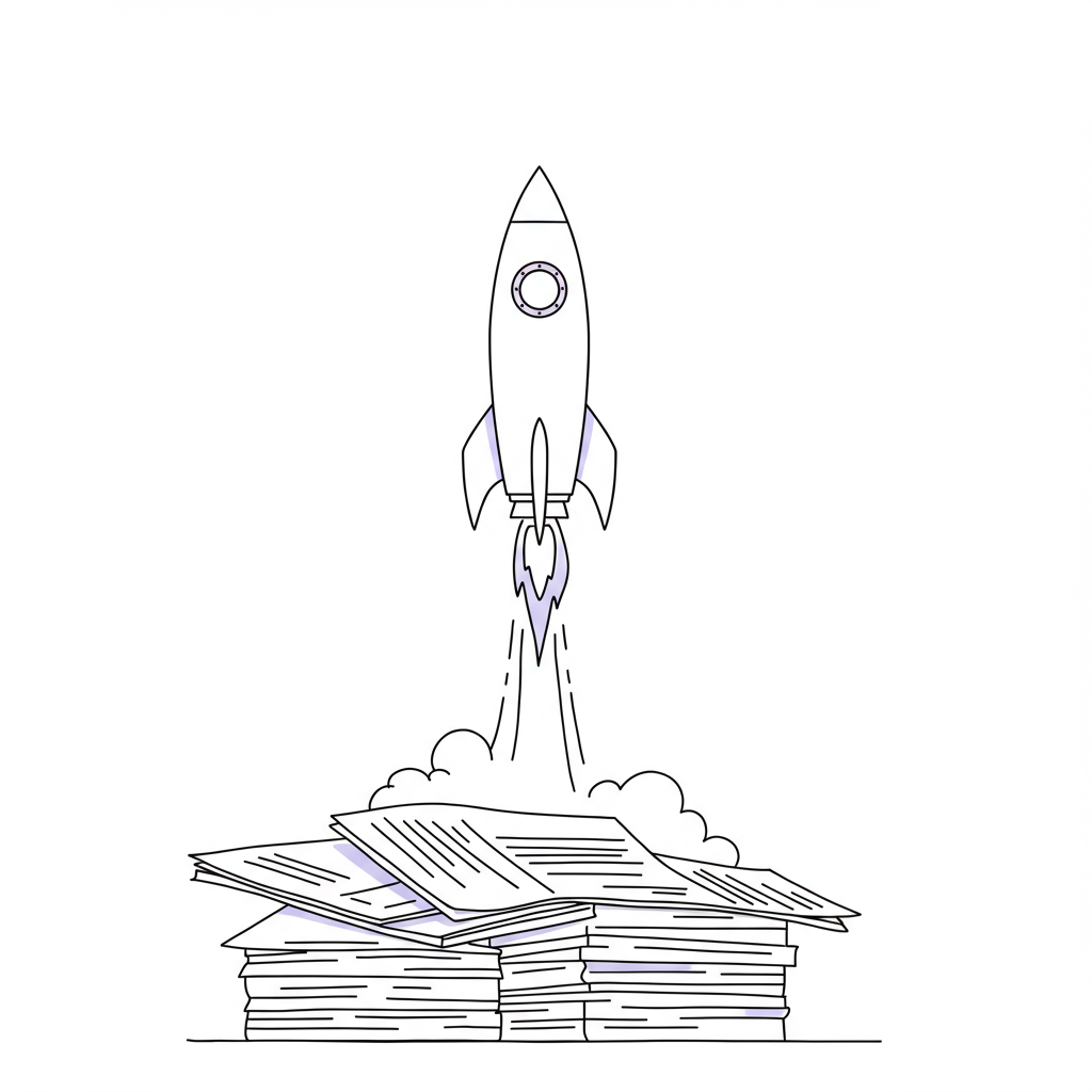 Line art: Rocket launching from corporate reports symbolizes transition from middle management to entrepreneurship; pastel purple exhaust | Femmeprenista