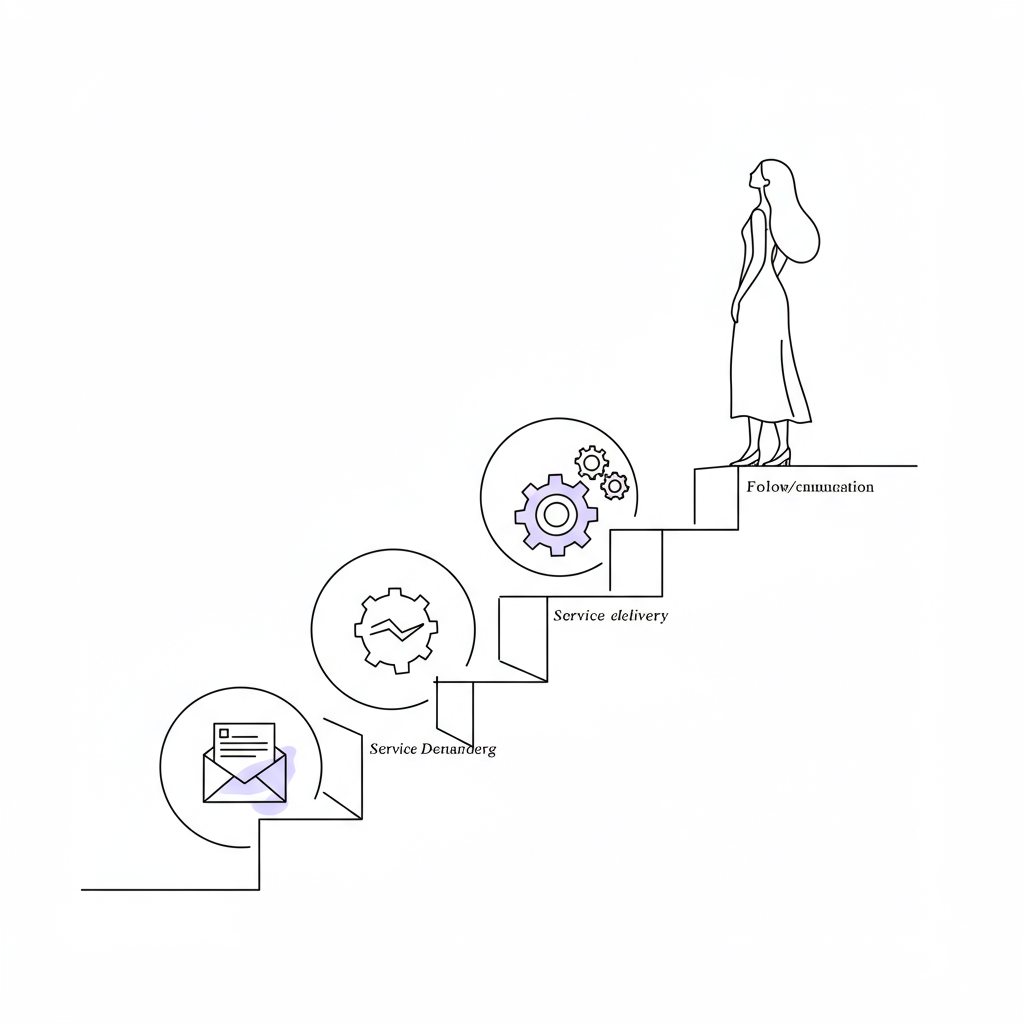 Line art: Service business mum ascends systems staircase, pastel purple highlights service delivery | Femmeprenista