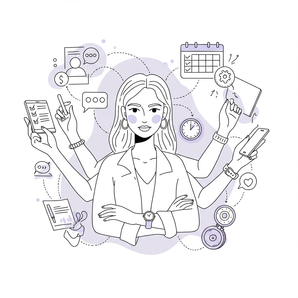 Chic line art: Entrepreneurial mum multitasking with interconnected systems; pastel purple wristwatch symbolizes time management | Femmeprenista