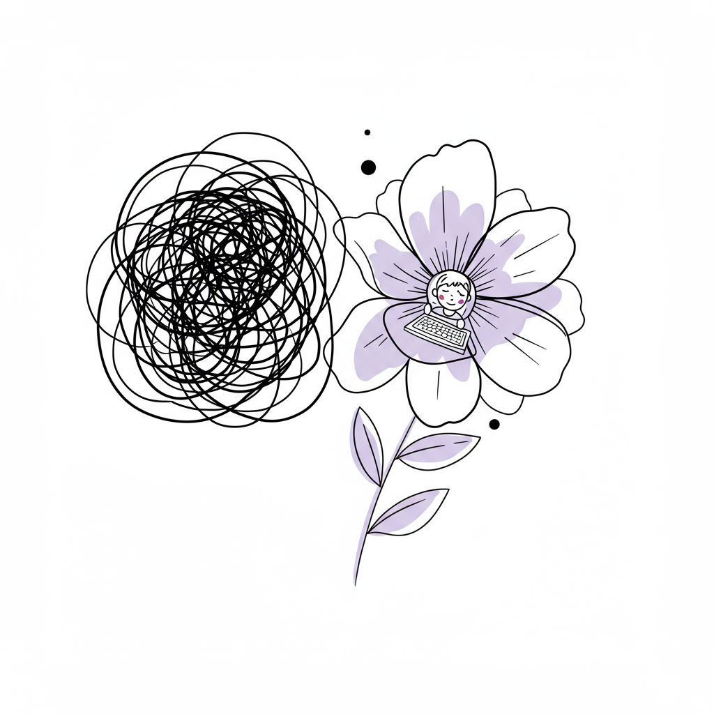 Line art: Chaos transforms into a structured flower, symbolizing growth through mindset rituals for mum entrepreneurs; pastel purple accent | Femmeprenista