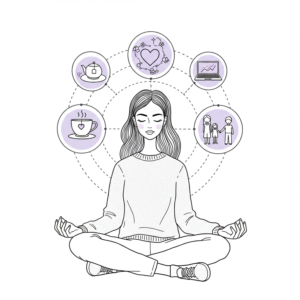 Line art: Entrepreneur mum meditating, circles symbolize balanced self-care, family, and business; purple heart accent | Femmeprenista