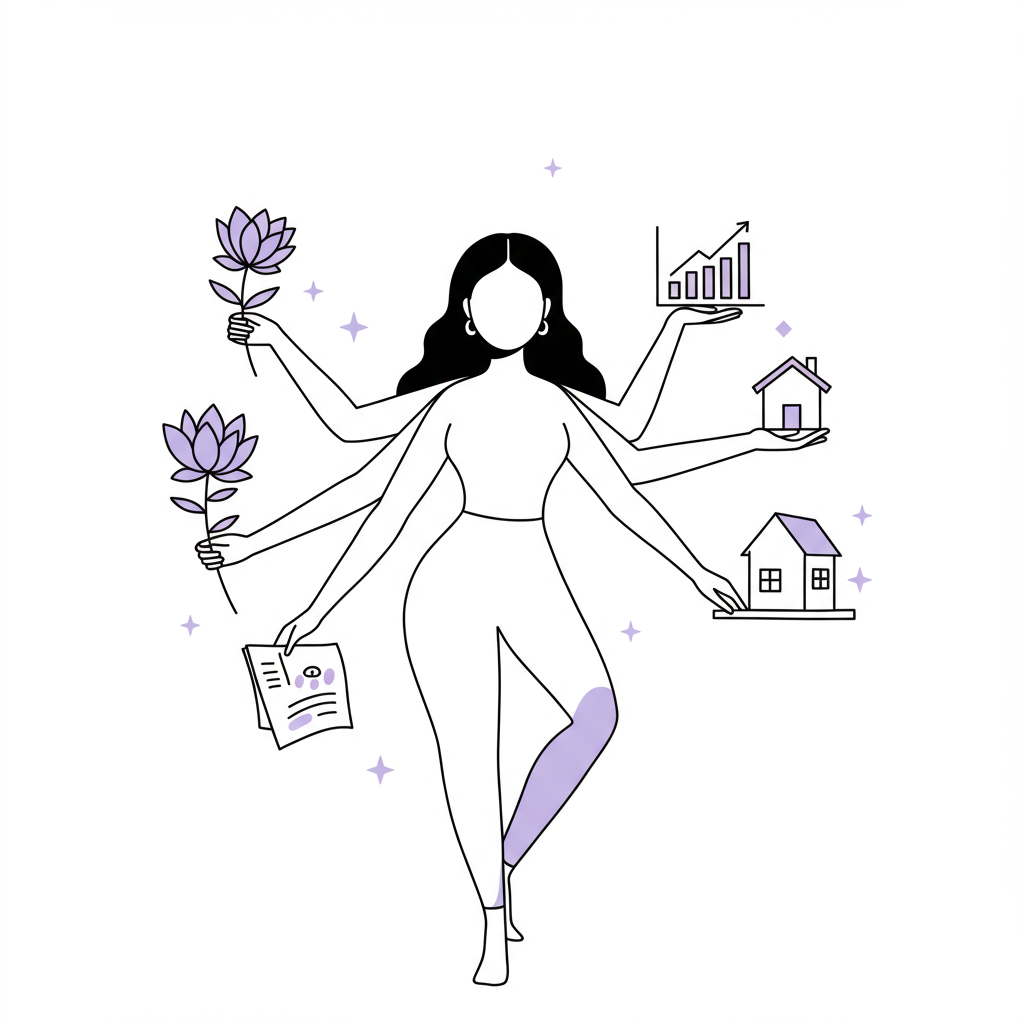 Modern line art: Multi-armed female figure symbolizing a balanced female entrepreneur juggling growth, success, family, learning; pastel purple flower accent | Femmeprenista