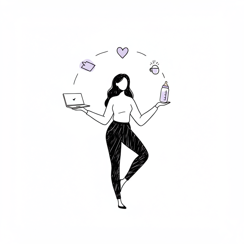 Modern line art: Woman juggling laptop, heart (purple accent), and bottle; balanced female entrepreneur lifestyle | Femmeprenista
