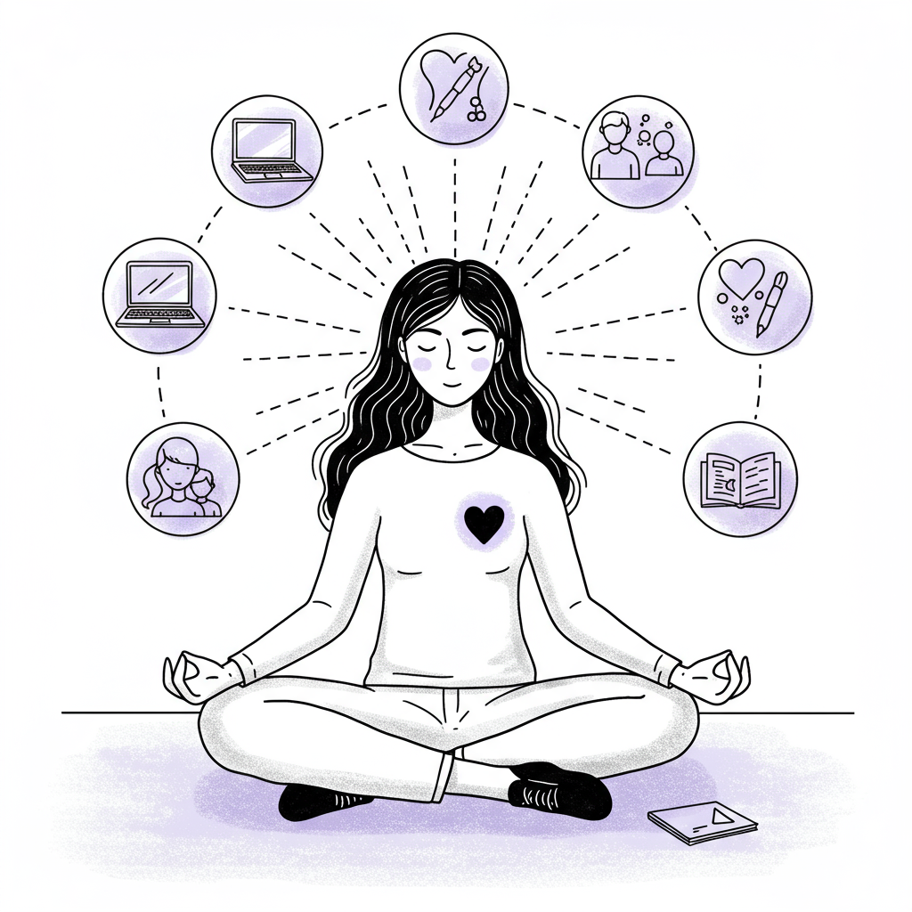 Line art: Mumpreneur meditating, radiating clarity into business, family, learning, and creativity icons. Pastel purple heart detail | Femmeprenista