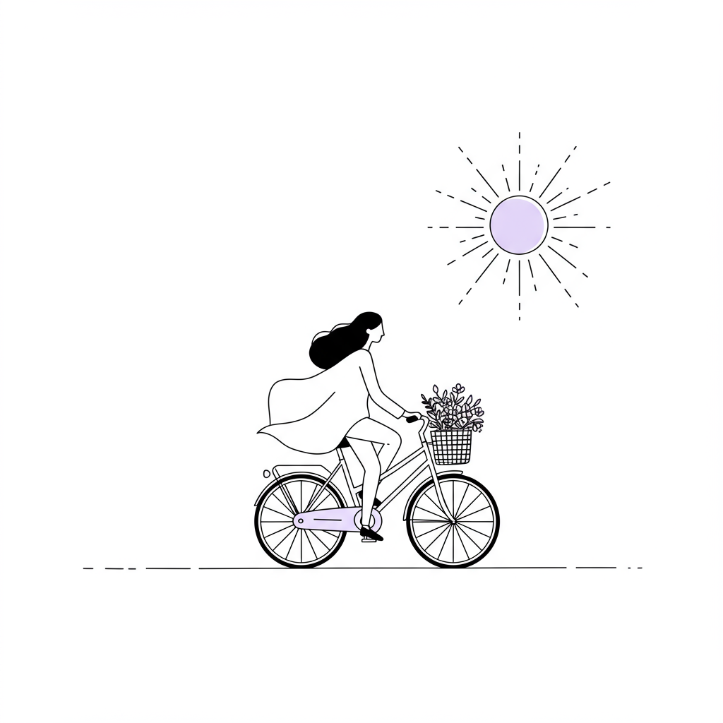 Line art: mumpreneur balancing on bicycle towards sun, niche selection concept, pastel purple flowers in basket | Femmeprenista