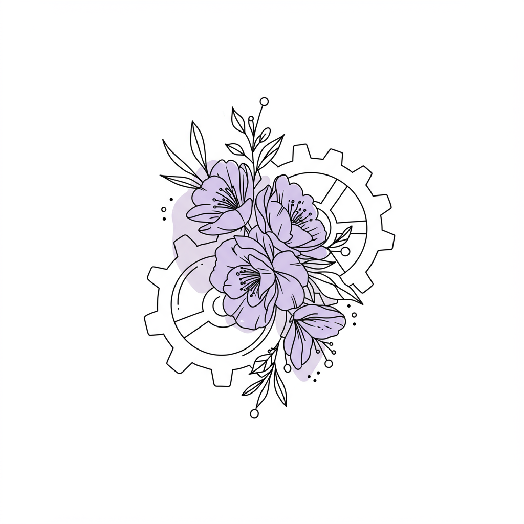 Black and white line art: Gears and flowers intertwine, pastel purple highlights symbolize AI and Femmeprenista fusion | Femmeprenista