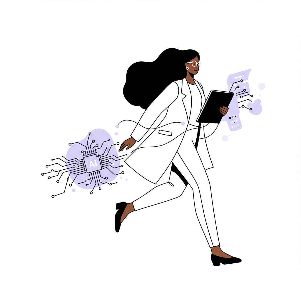 Modern black and white line art of a female entrepreneur confidently striding forward, AI icons subtly behind, pastel purple accent | Femmeprenista