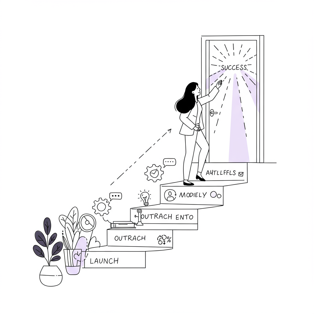 Modern line art: Asian female entrepreneur on "Launch" steps to "Success"; pastel purple sunbeams | Femmeprenista