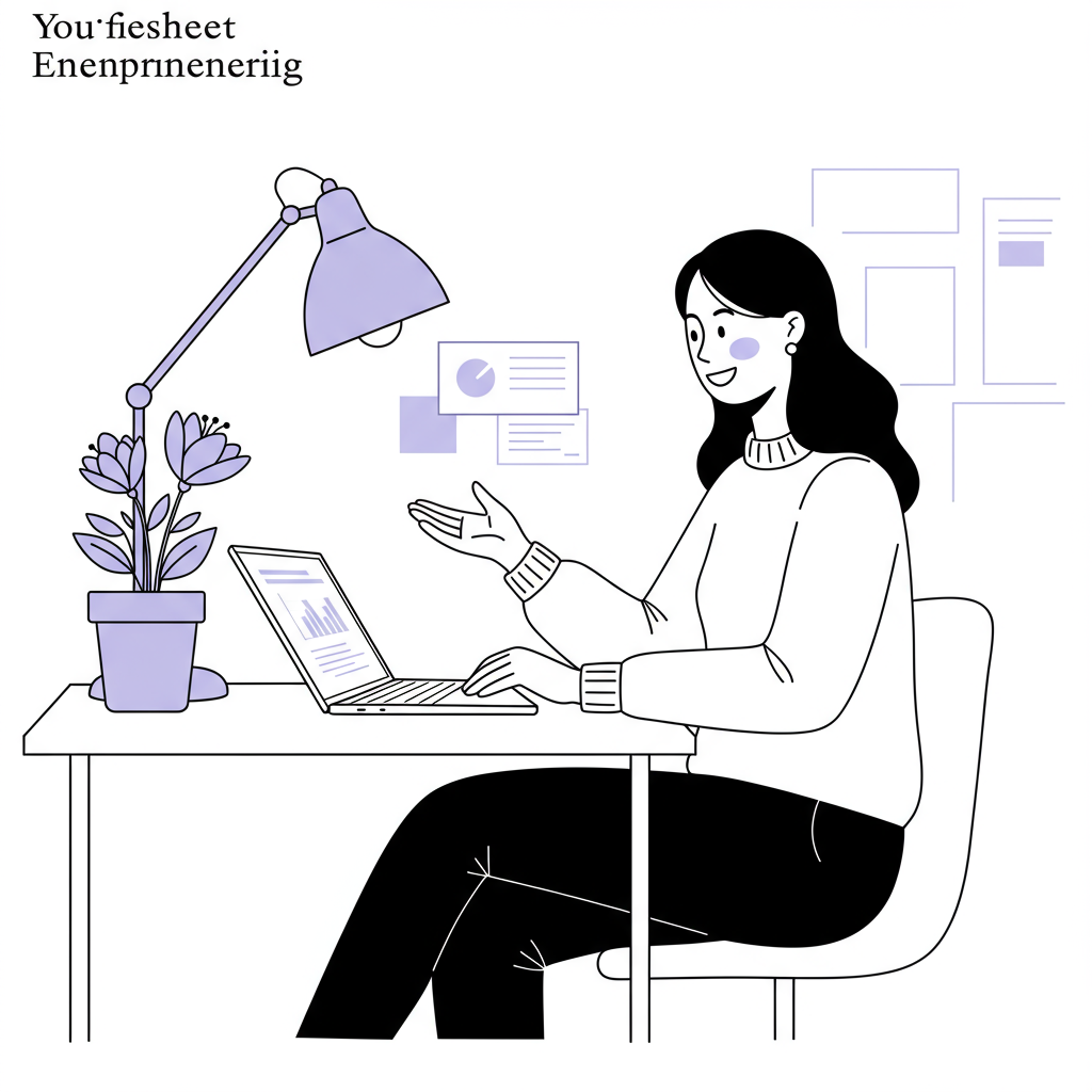 Chic line art: Female entrepreneur connecting authentically on a video call, pastel purple flower symbolizing client growth | Femmeprenista
