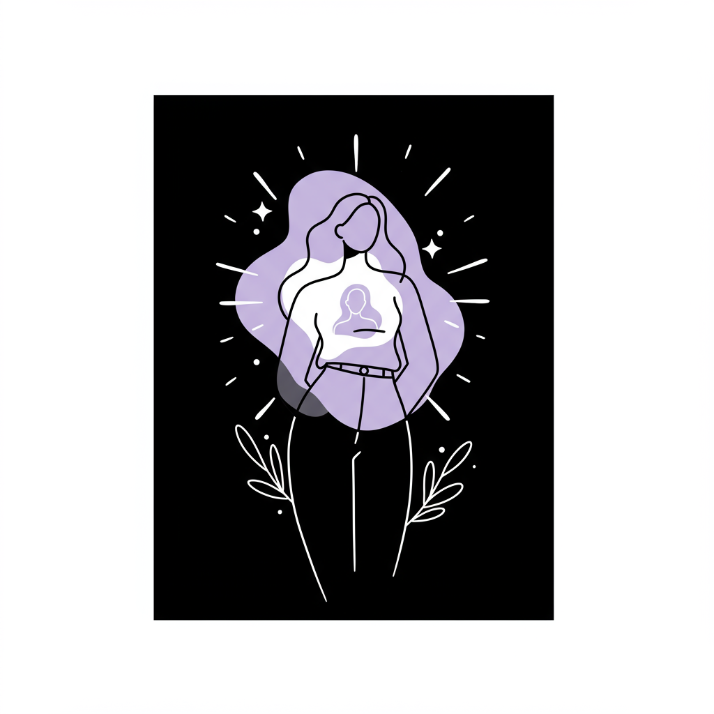 Chic line art: female entrepreneur with marketing flair aura connecting to her soul client; pastel purple highlights | Femmeprenista