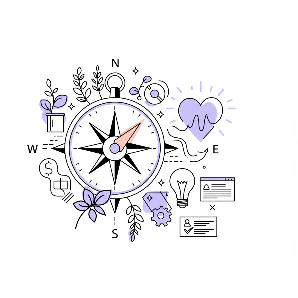 Stylized compass points to a radiant purple heart, symbolizing authentic marketing direction and joyful business success | Femmeprenista