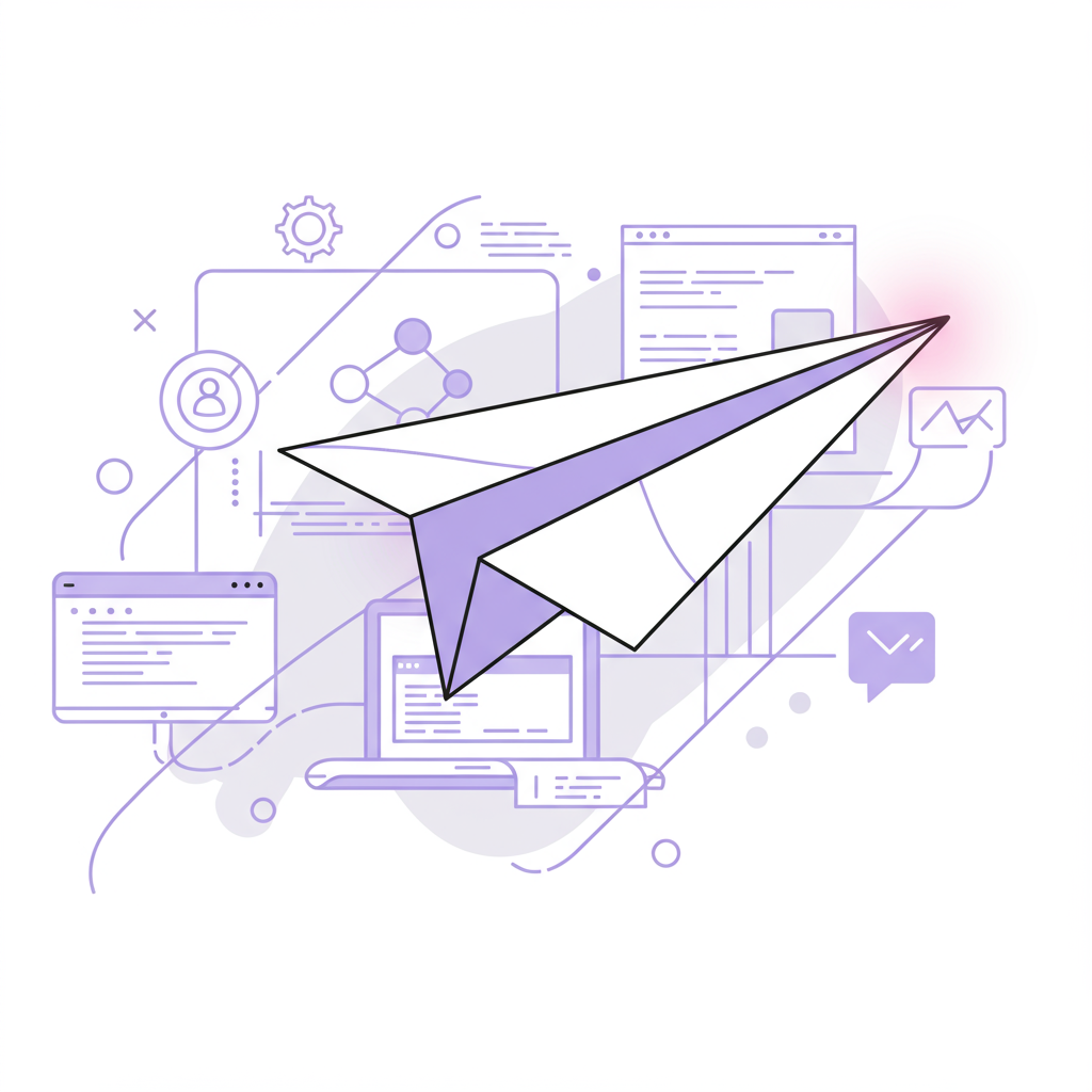 Chic line art: Stylized paper airplane soaring upwards, pastel purple accents, representing effortless online business launch | Femmeprenista