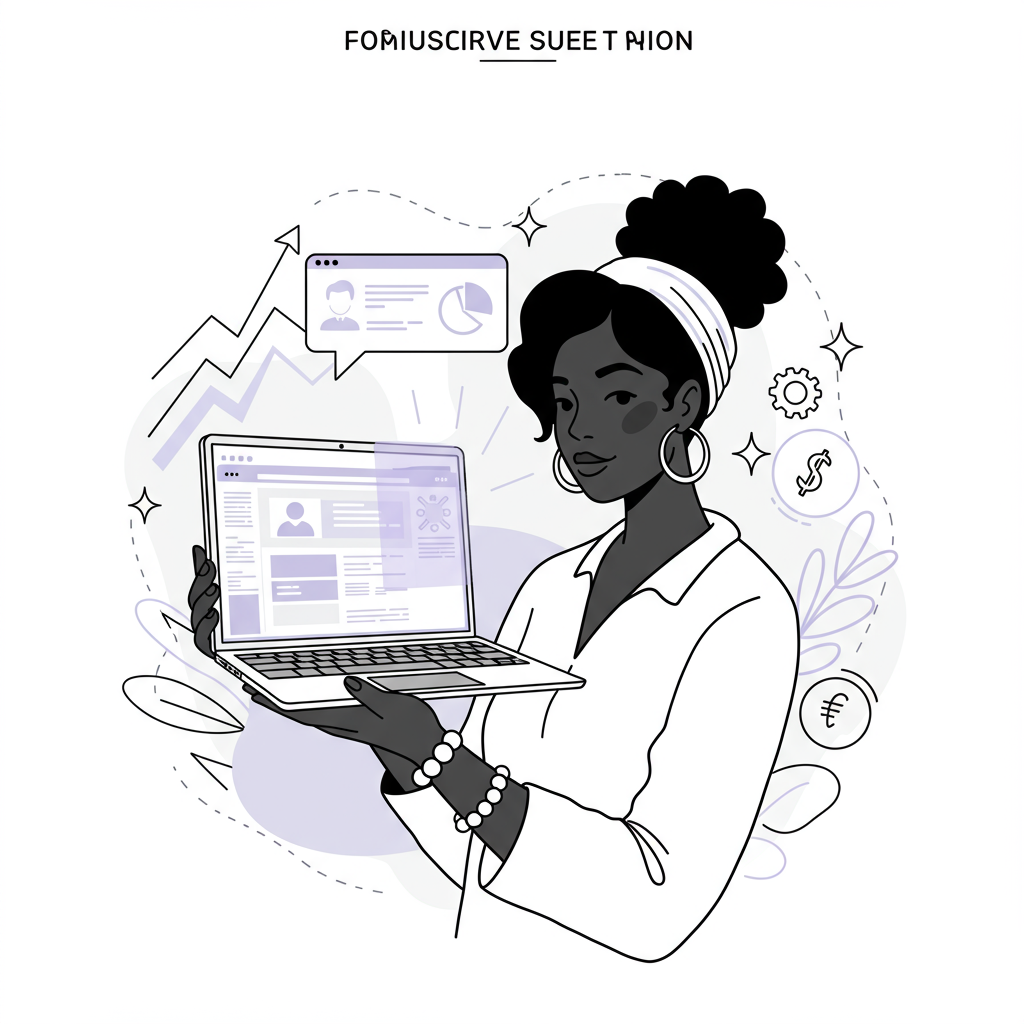 Chic line art of a confident Black/Latina entrepreneur with laptop radiating pastel purple energy, symbolizing strategic empowerment | Femmeprenista