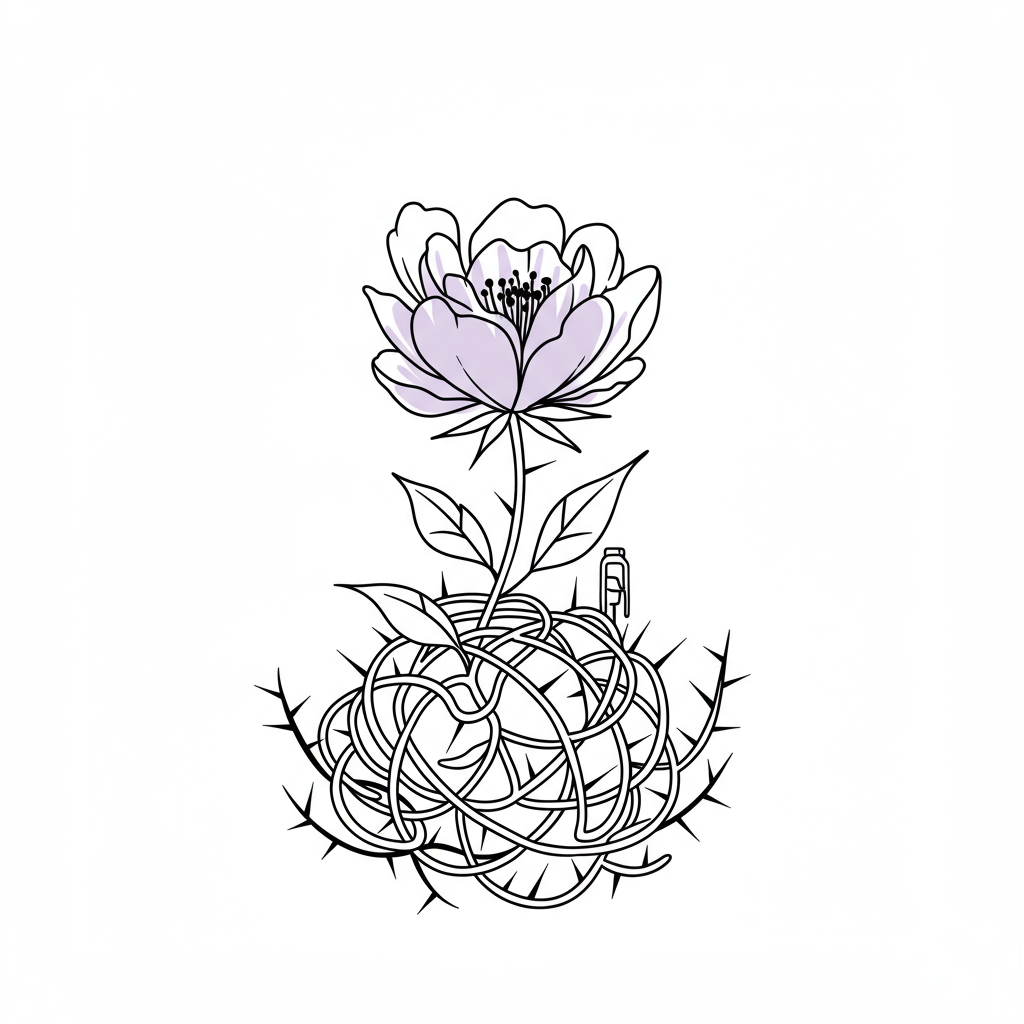 Chic line art: Flower blossoms from thorny bush, symbolizing Mumpreneur thriving with pastel purple fuel | Femmeprenista