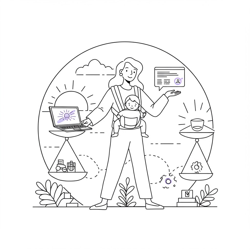 Modern line art: Mumpreneur balancing business and motherhood with sunrise and focus beams; pastel purple laptop accent | Femmeprenista