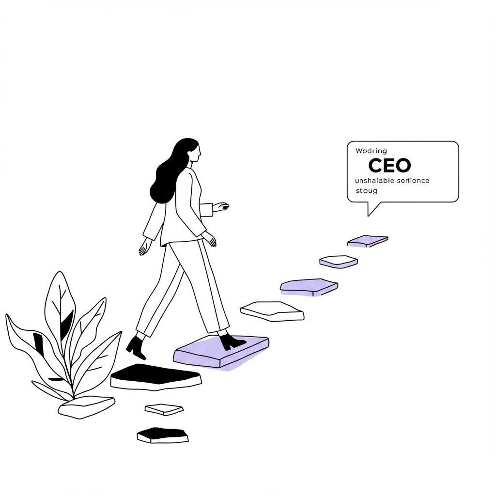 Chic line art: Woman strides confidently on path from rough to smooth stones, pastel purple accent symbolizes CEO confidence | Femmeprenista