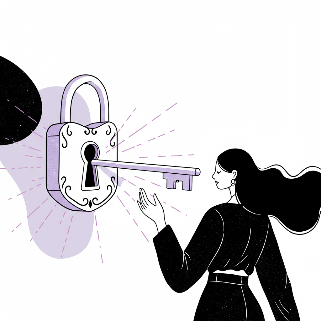 Chic black and white line art: ornate lock opened by a key, pastel purple rays symbolize unlocked CEO confidence | Femmeprenista