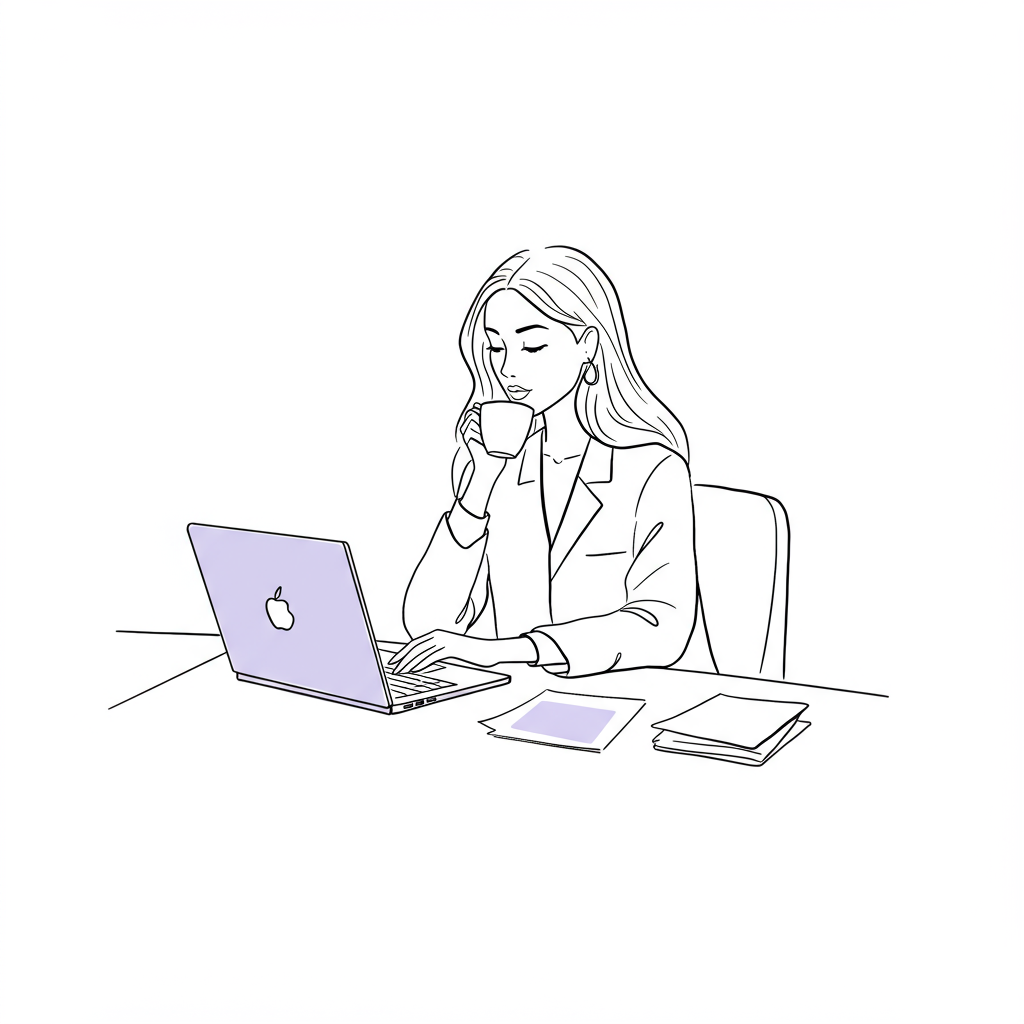 Elegant black and white line art: calm woman entrepreneur in chic home office, pastel purple coffee cup | Femmeprenista