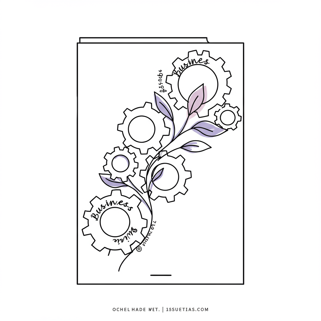 Modern line art: Interconnected gears labeled "Business" and "Home" with vine, pastel purple leaf highlights growth and balance | Femmeprenista