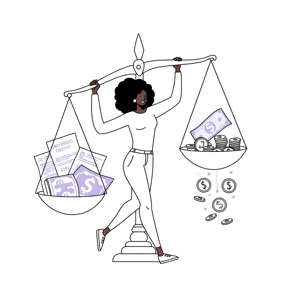 Black woman entrepreneur balancing Universal Credit paperwork with business income on chic line art scales, pastel purple coins | Femmeprenista