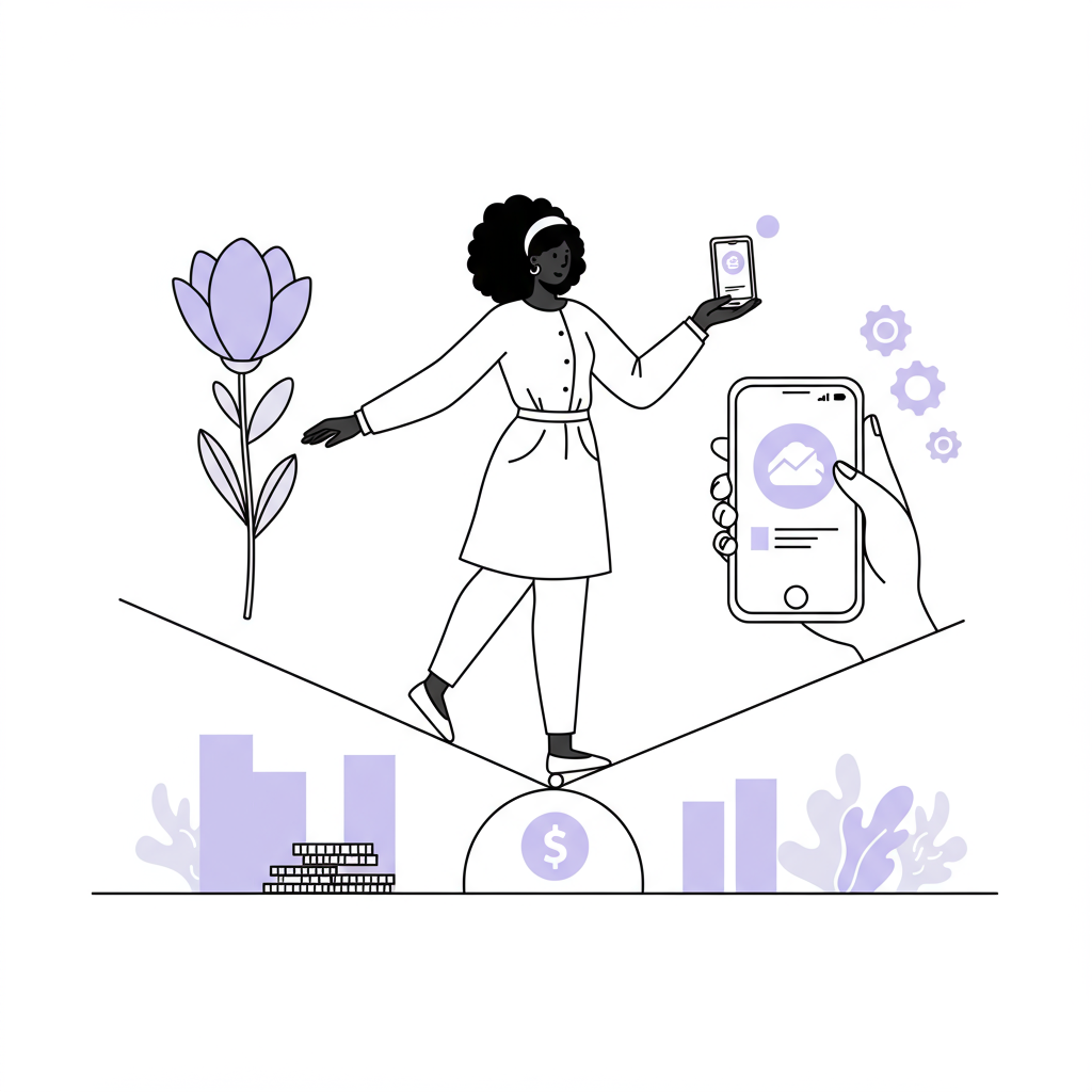 Elegant line art: Black woman entrepreneur balancing on Universal Credit tightrope, flower with pastel purple highlight symbolizes her business | Femmeprenista