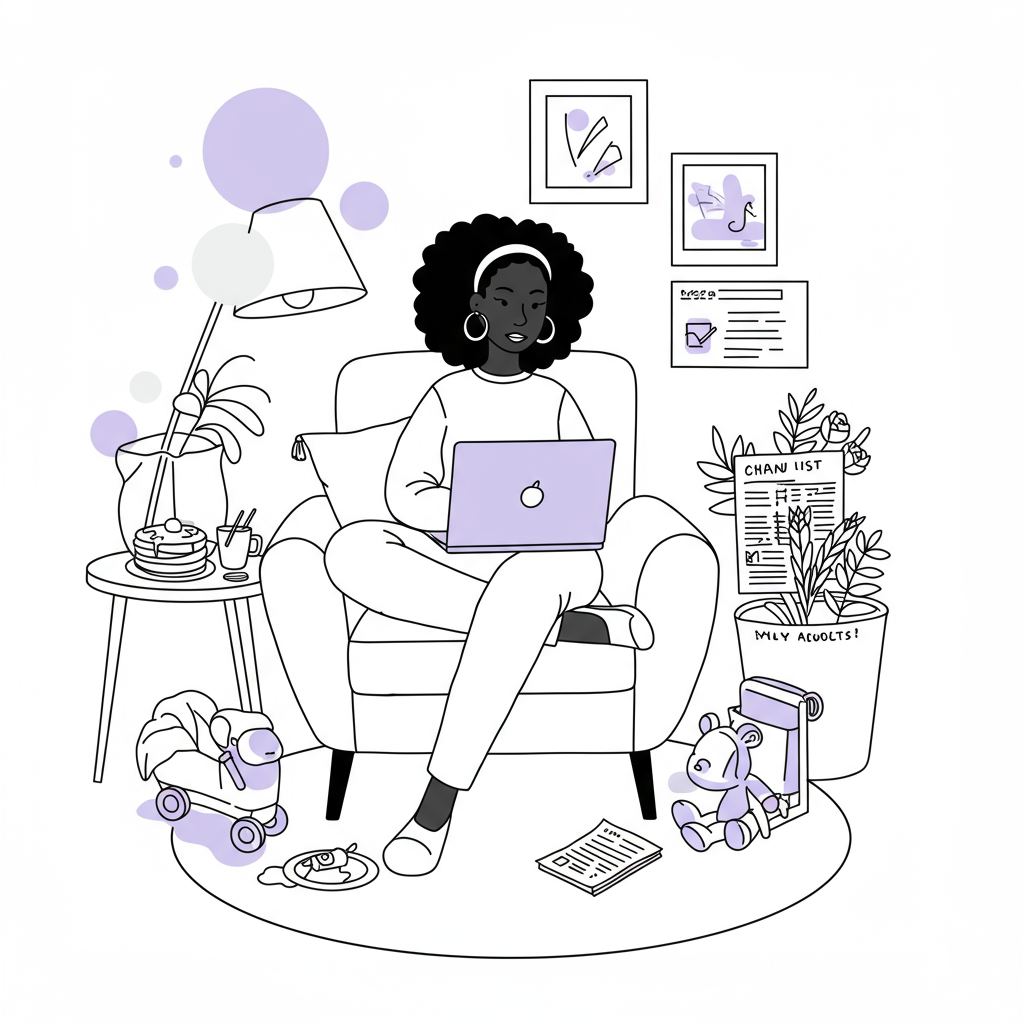 Line art: Black woman entrepreneur calmly working on laptop amidst "beautiful chaos," pastel purple laptop screen | Femmeprenista