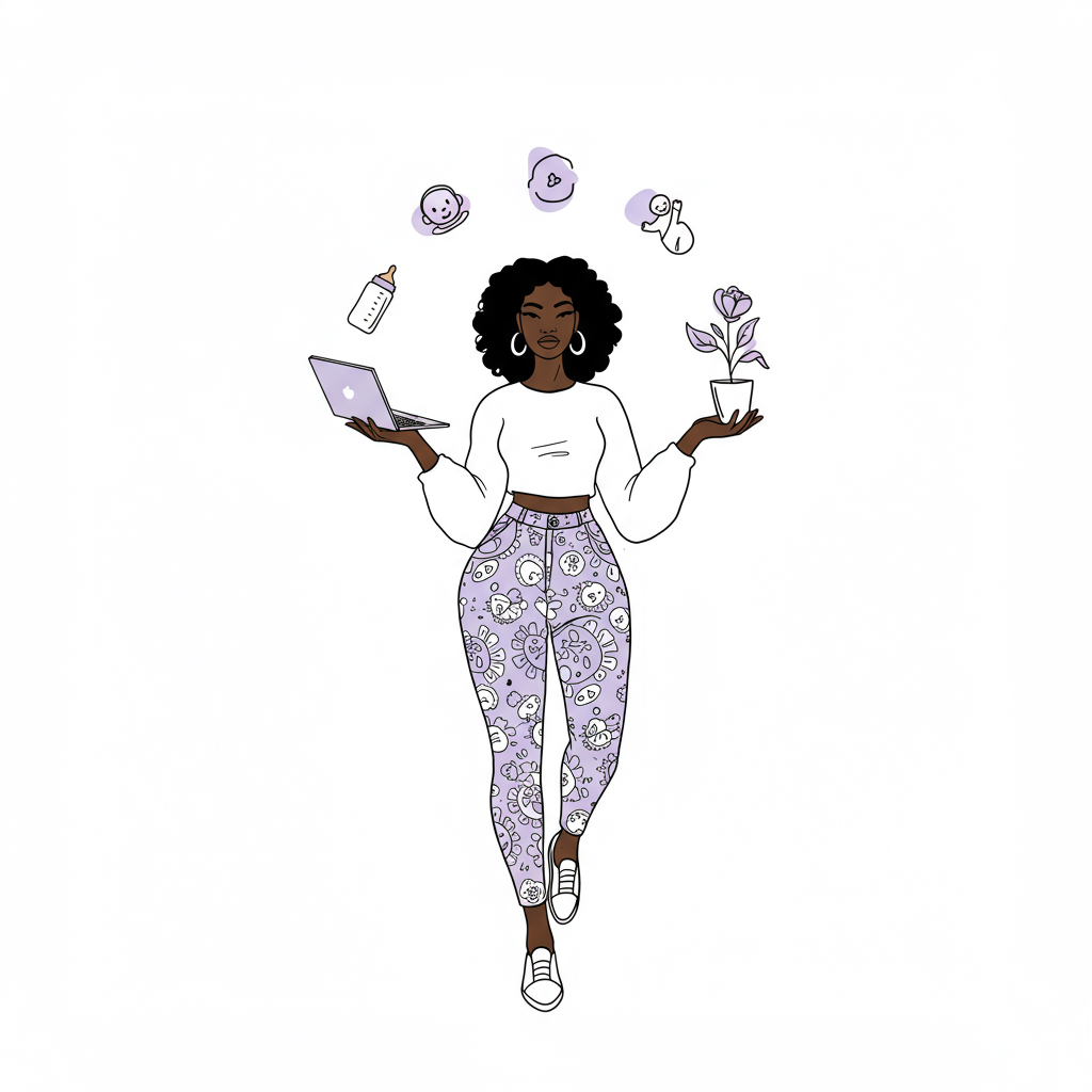 Black and white line art: Black woman entrepreneur gracefully juggling laptop, baby bottle, and plant; purple flower detail symbolizing growth | Femmeprenista
