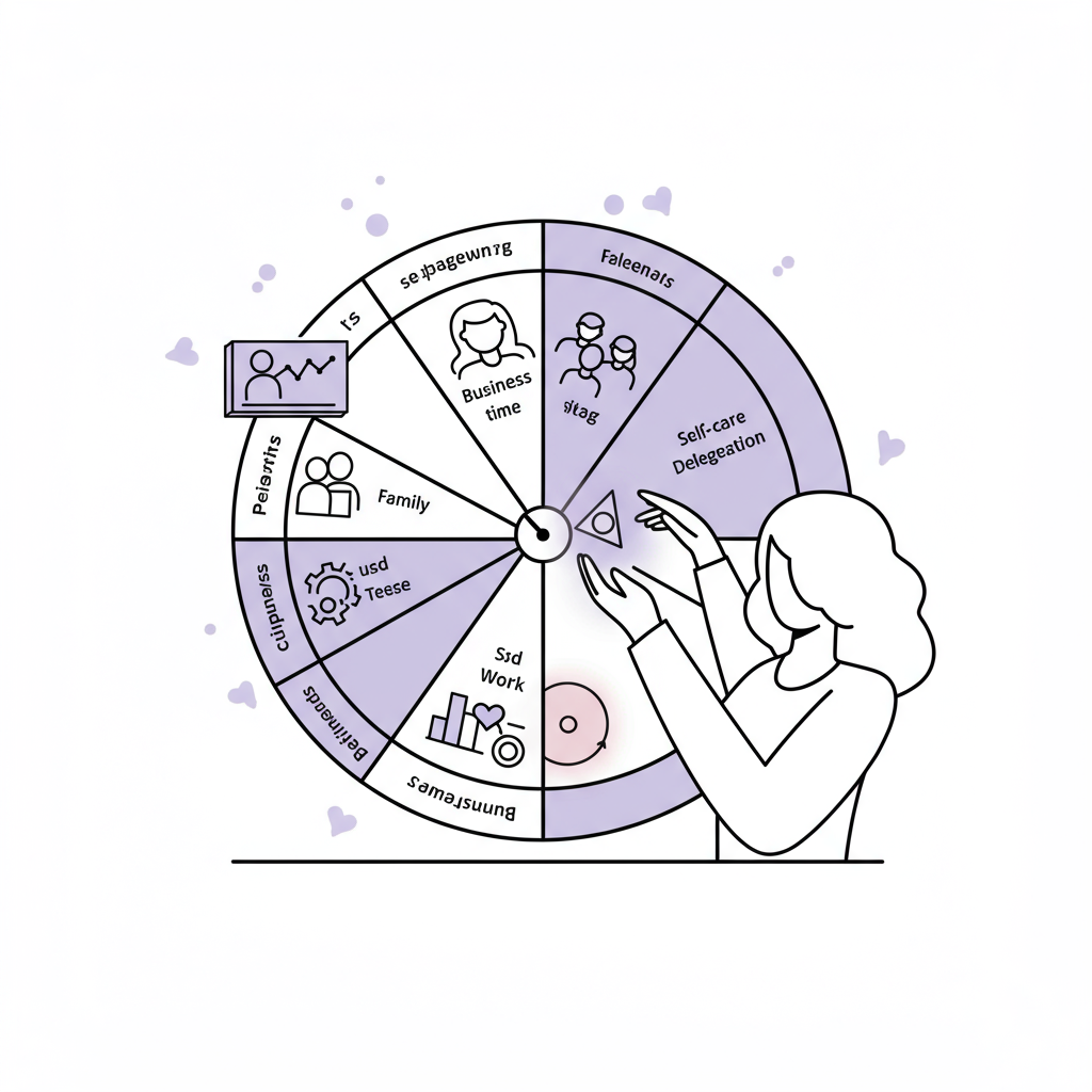 Chic line art: Femmeprenista strategically delegating tasks from time wheel for balance; pastel purple highlights | Femmeprenista