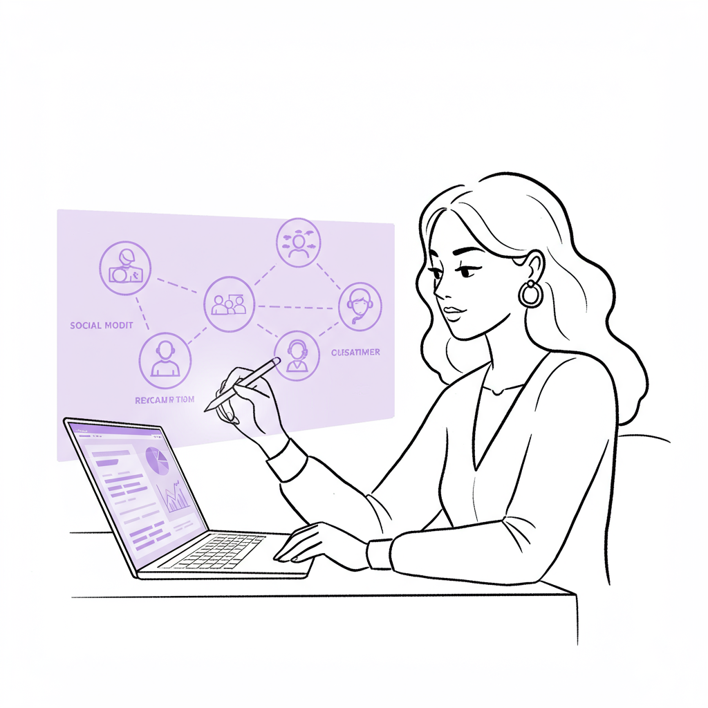 Chic line art: Femmeprenista delegating tasks with stylized icons, pastel purple glow, embodying strategic control | Femmeprenista