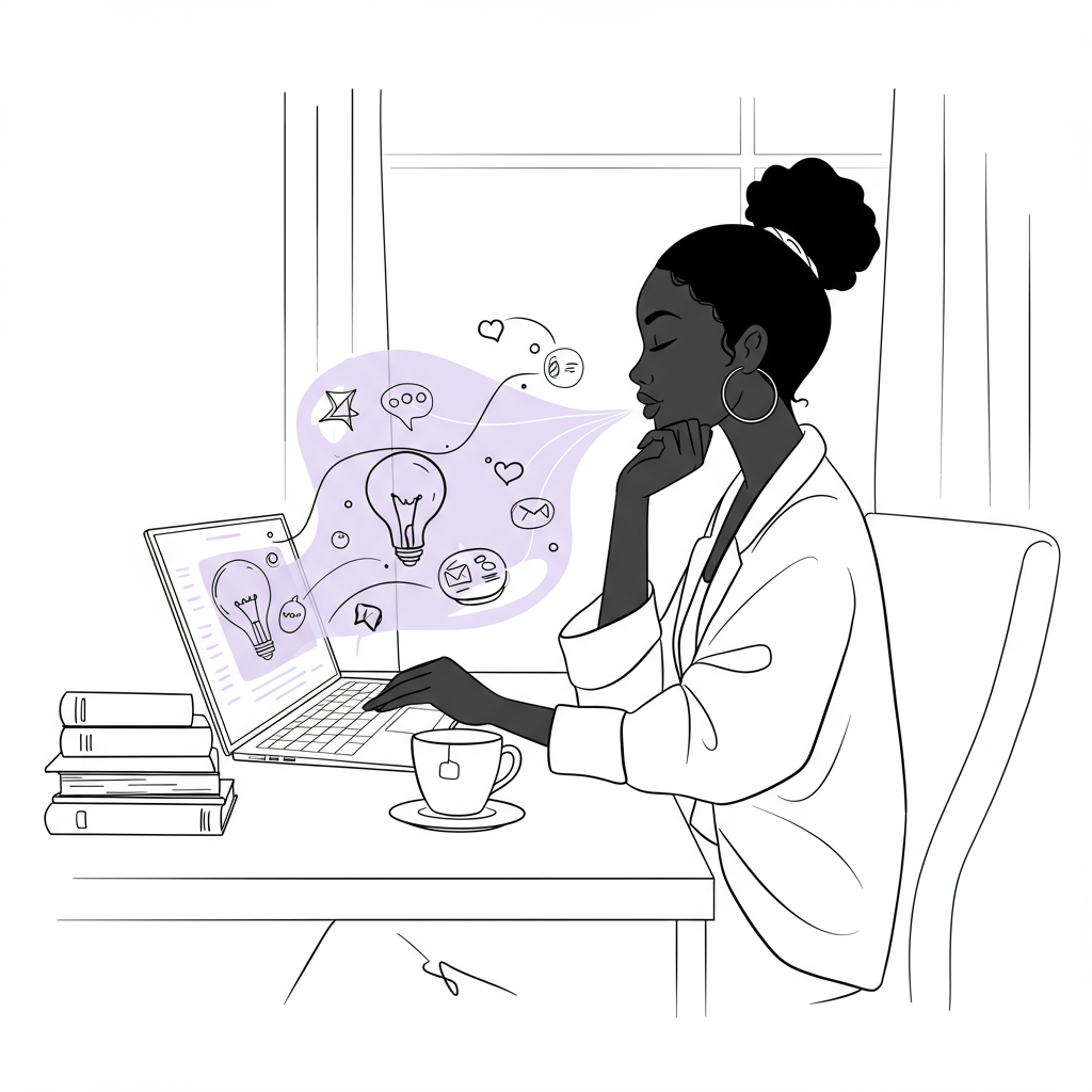 Modern line art: Black woman entrepreneur at desk with creative ideas flowing from laptop; pastel purple accent on screen | Femmeprenista