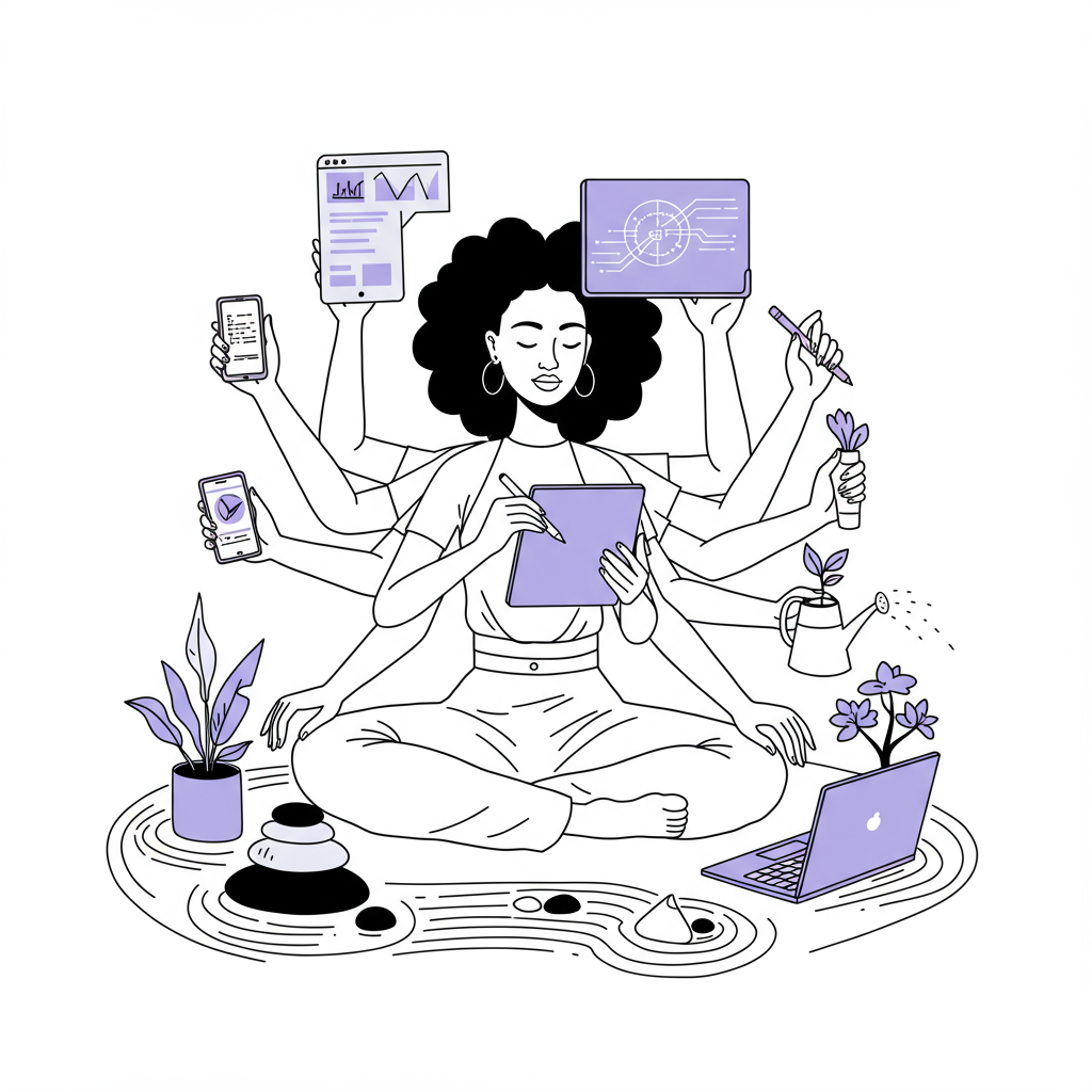 Modern line art: Multi-armed Black woman effortlessly multitasking content creation tasks in a zen garden, pastel purple AI tablet highlight | Femmeprenista