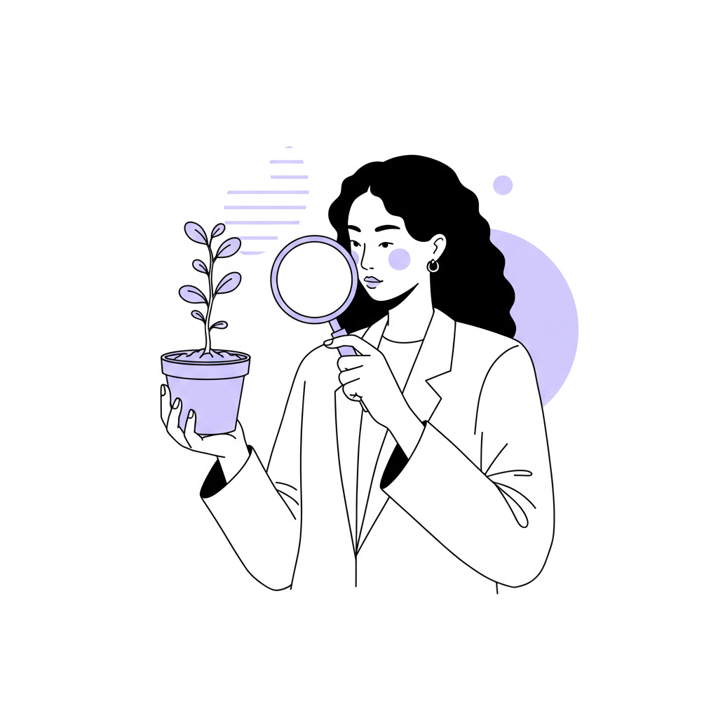 Chic line art: Businesswoman nurturing seedling growth, magnifying glass, black and white, pastel purple accent on soil | Femmeprenista
