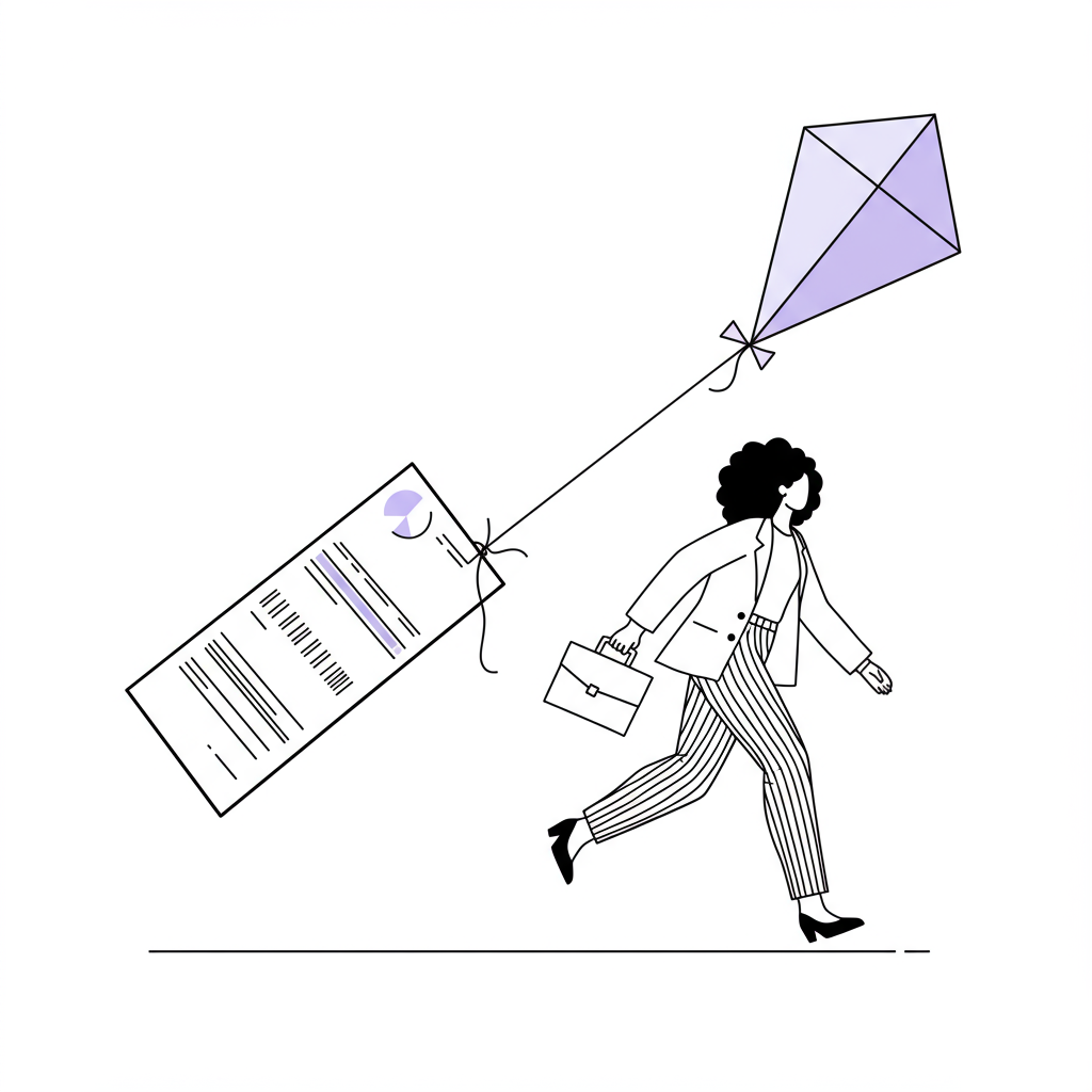 Modern line art: a Black or Latina entrepreneur confidently strides forward pulling her credit report kite; pastel purple string | Femmeprenista