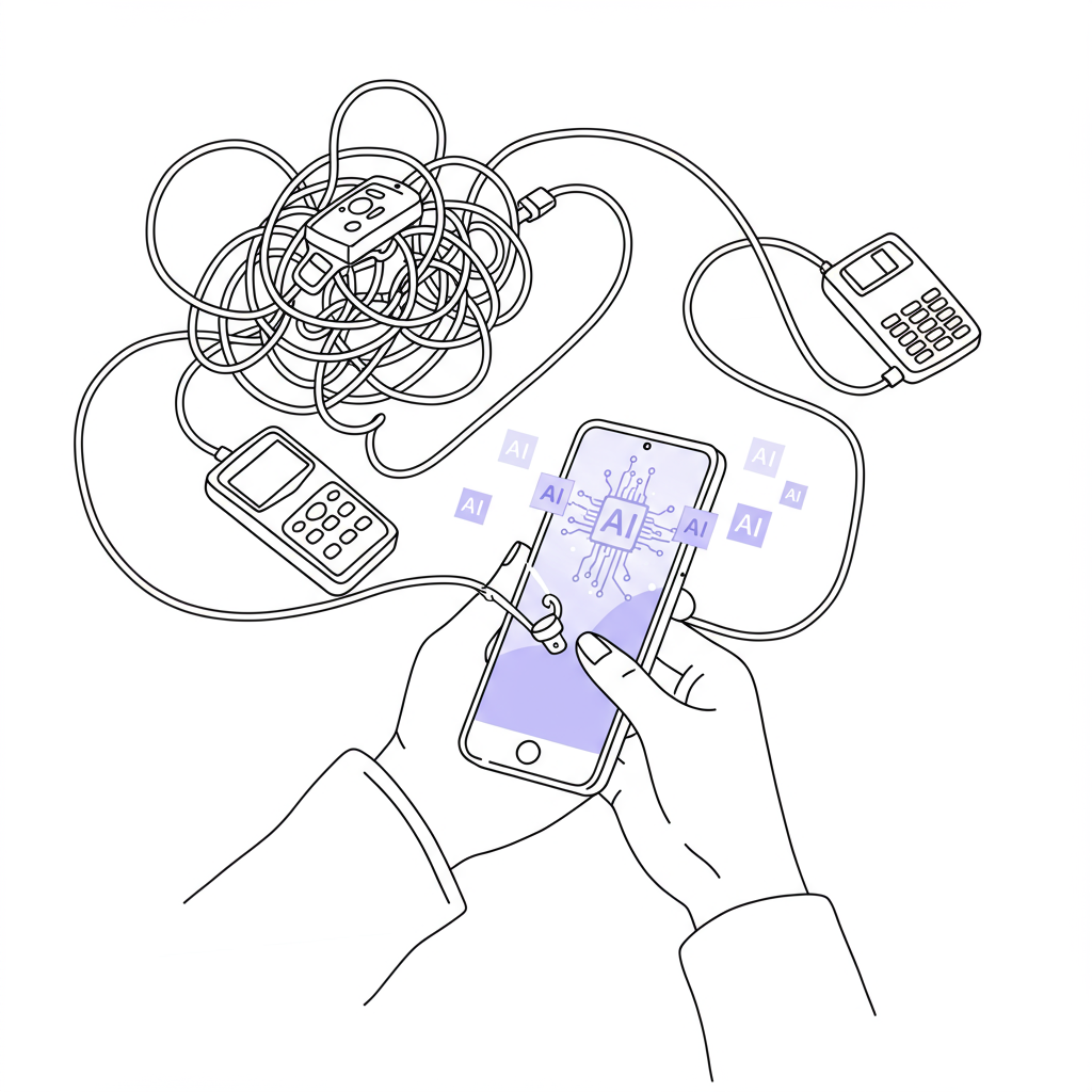 Elegant line art: AI conquers tech overwhelm with a diverse hand holding a glowing smartphone, pastel purple accent on screen | Femmeprenista