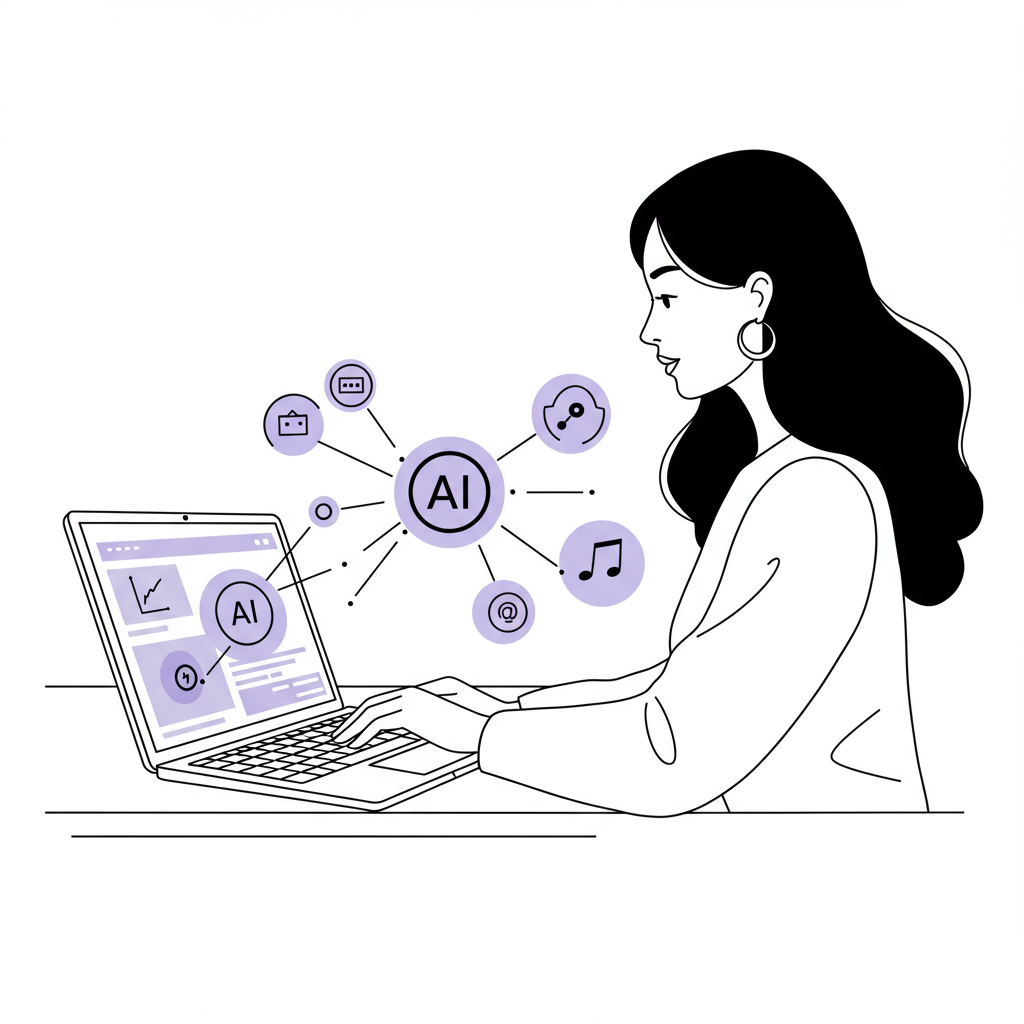 Chic line art: Confident woman entrepreneur using AI to launch her online business; pastel purple on laptop | Femmeprenista