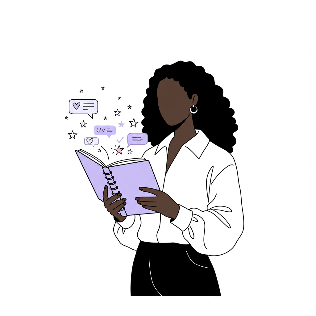 Chic line art: Black or Latina entrepreneur with notebook showing client feedback, pastel purple star accent | Femmeprenista